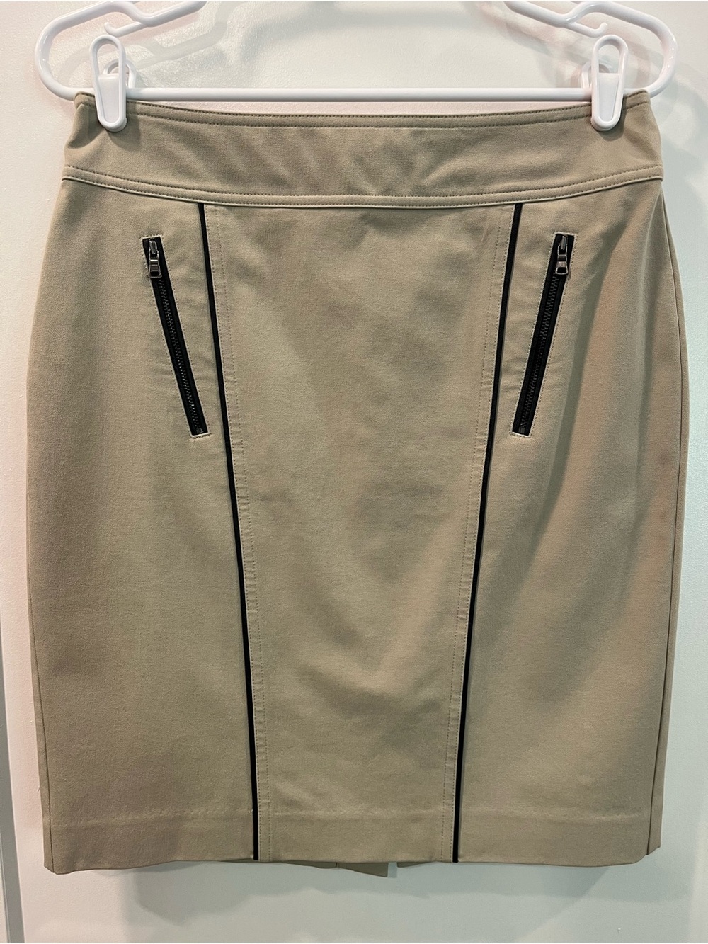 Ann Taylor Khaki Pencil Skirt with Black Trim and Zip Details